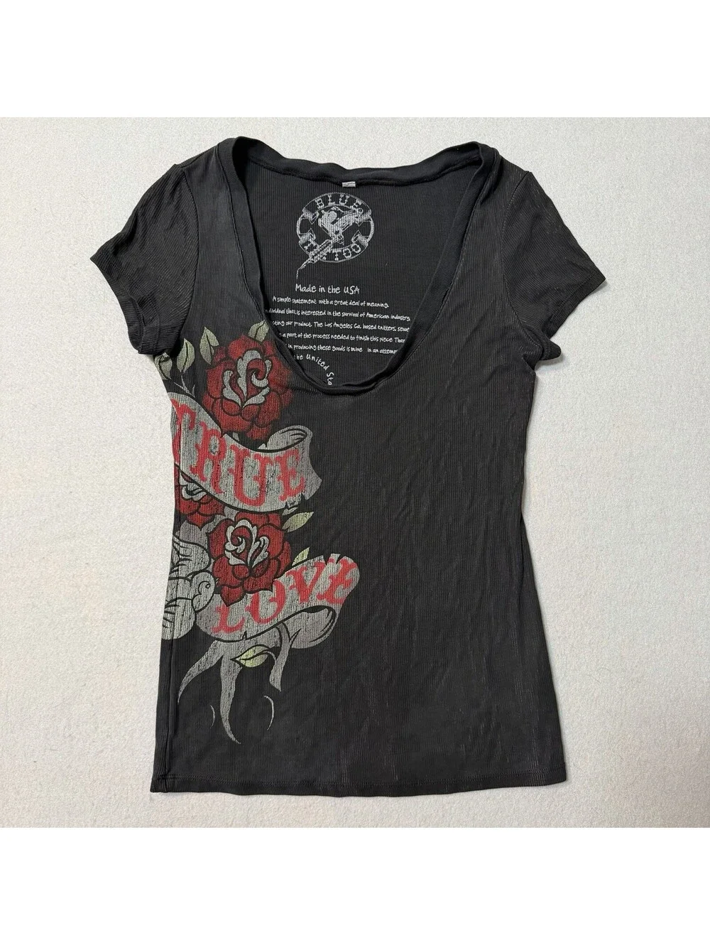 Vintage Y2K Blue Tattoo Made in USA Scoop Neck Tee Charcoal Rose True Love Top